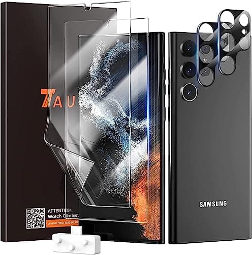 Image of TAURI Compatible With Samsung Galaxy S22 Ultra 5G, 2 Pack Flexible TPU Film Screen Protector + Camera Lens Protector [Easy Install] HD-Clear [100% Fingerprint Unlock] Bubble Free