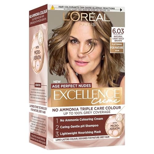 Image of L'Oreal Paris Excellence Age Perfect Nudes Permanent Hair Colour for Mature Hair, No Ammonia Triple Care Routine with Micro-Keratin, 100% Grey Coverage, 6.03 Natural Light Gold Brown,