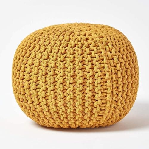 Image of Laam linen Round Chunky Handmade Knitted Pouffe Footstool Bean Large 50x50x30cm, 100% Cotton Filling for Living Room Stool, Suitable For Resting Feet Knitted Pouffe (Mustard)