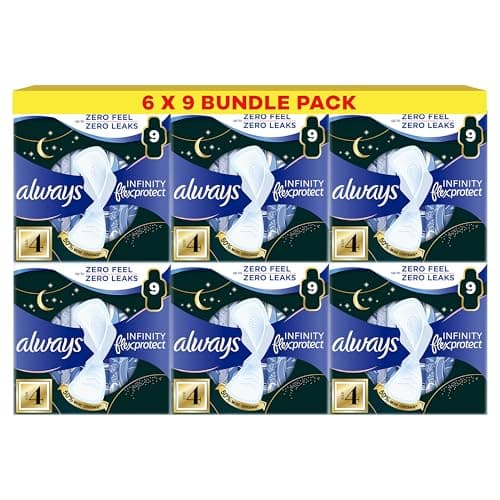 Image of Always Infinity FlexProtect Sanitary Towels, Size 4 Secure Night, 9 Count Case of 6, Unscented, for up to Zero Feel & Zero Leaks, Softest Top-Layer, Super Absorbent & Flexible Protection