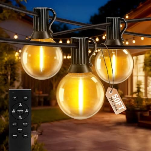 Image of AODLEDY Outdoor String Lights, 60FT/18m 25+2 LED G40 Bulbs Garden Lights Mains Powered with Remote Control Dimmable Timer, Waterproof Festoon Light for Balcony Gazebo Patio Pergola
