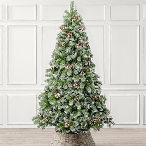 Image of CHRISTOW 7ft Artificial Christmas Tree with Snow Pine Cones & Berries, Luxury Natural Looking Flocked Woodland Spruce, Indoor Xmas Decoration, Easy Assembly with Stand, 901 Tips (skirt not included)