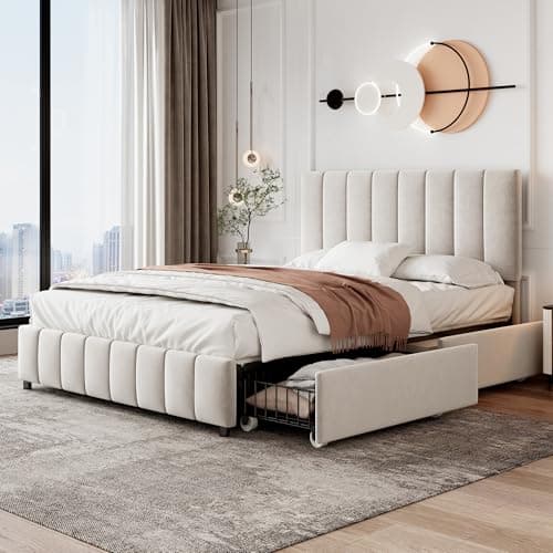 Image of 4ft6 Double Bed Frame Upholstered Platform Bed with 4 Storage Drawers&Adjustable Channel Tufted Headboard, Velvet Fabric, Sturdy Metal-Wood Support, No Box Spring Needed,Easy Assembly,Beige Double Bed