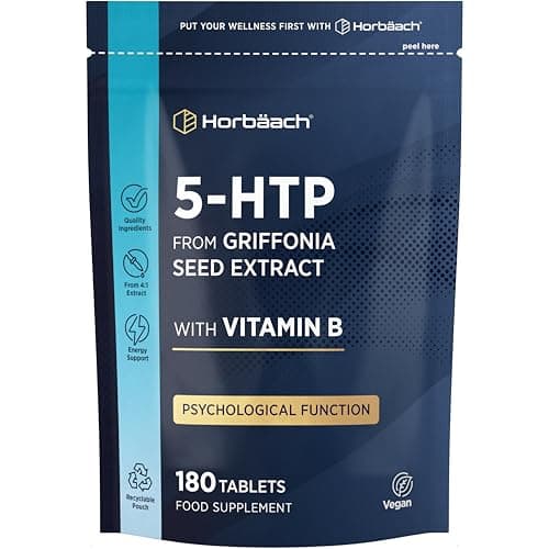 Image of 5HTP Supplement High Strength | 180 Vegan Tablets | 6 Month Supply - One A Day | from Griffonia Seed Extract | with Vitamin B5 | By Horbaach