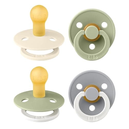 Image of BIBS Dummies Colour 4-Pack, BPA Free Dummy Pacifier, Round Nipple Soothers, Natural Rubber Latex, Made in Denmark. 0-6 Months (Pack of 4), Sage Glow Mix