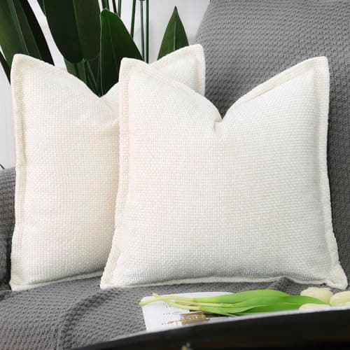 Image of Madizz Set of 2 Chenille Velvet Cushion Covers with Flange Soft Boho Textured Throw Pillow Covers Broadside Pillowcases Modern Farmhouse Home Decor for Sofa Bedroom Cream 18x18 inch, 45x45 cm