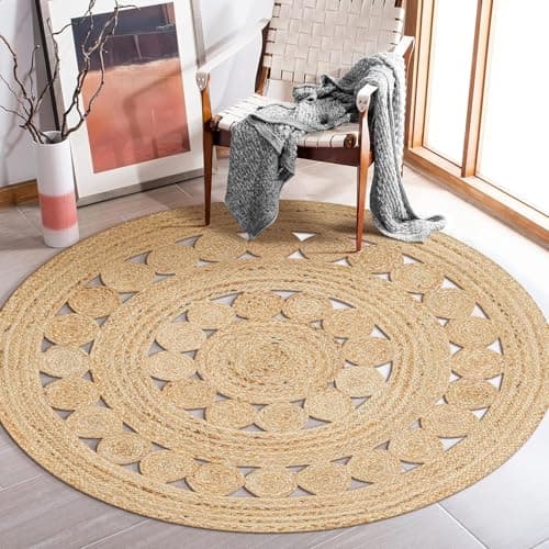 Image of ALV Jute Area Rug 90X90 CM Flower Round Jute Rugs for Livingroom Bedroom Natural Non Slip Handmade Farmhouse Kitchen Indoor Outdoor Decorative Mat for Hallway, Entryway Patio Rugs