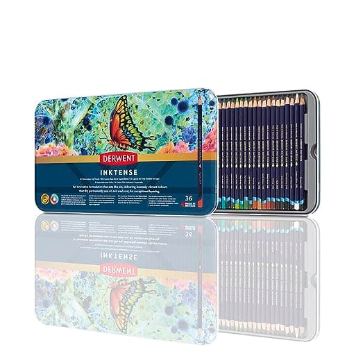 Image of Derwent Inktense Permanent Watercolour Pencils, Set of 36 in a Tin, 4mm Premium Core, Water-Soluble, Ideal for Colouring, Painting and Crafting, Professional Quality (2301842)