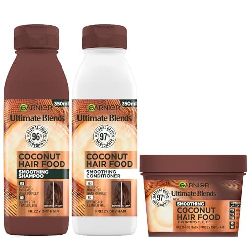 Image of Garnier Nourishing And Smoothing Coconut Hair Food Shampoo, Conditioner And Mask Set, For Dry & Frizzy Hair, Protects From Frizz, Leaves Hair Nourished, Smoother & Silky