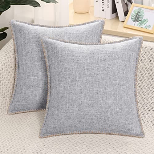 Image of decorUhome Set of 2 Linen Cushion Covers 45X45cm,Decorative Outdoor Plain Vintage Cushion Covers with Stitched Edges, Square Farmhouse Neutral Pillow case 18x18 Inch for Sofa, Light Grey