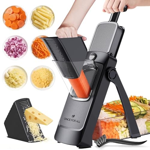 Image of ONCE FOR ALL Safe Mandoline Slicer 5 in 1 Vegetable Chopper Food Potato Cutter, Strips Julienne Dicer Adjustable Thickness 0.1-8 mm Kitchen Chopping Artifact Fast Meal Prep (Latest - Black)