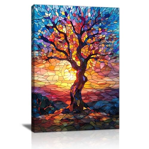 Image of FajerminArt Framed Colorful Tree of Life Canvas Wall Art Abstract Blue Orange Trees Canvas Prints Painting Wall Artwork Pictures for Living Room Bedroom Home Decorations Ready To Hang 40cmx60cm
