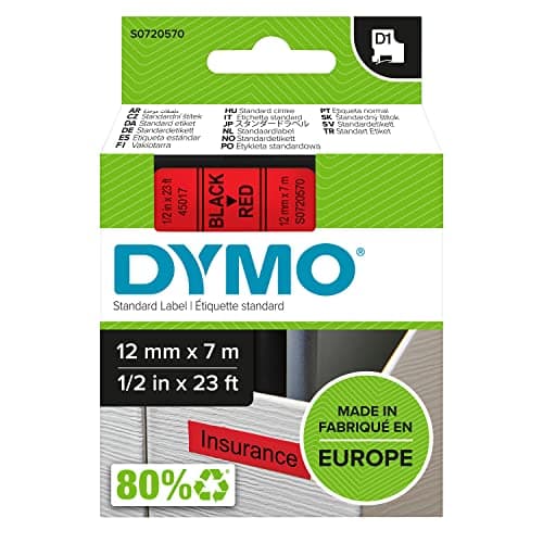 Image of DYMO Authentic D1 Labels | Black Print on Red Tape | 12 mm x 7 m | Self-Adhesive Labels for LabelManager Label Makers | Made in Europe