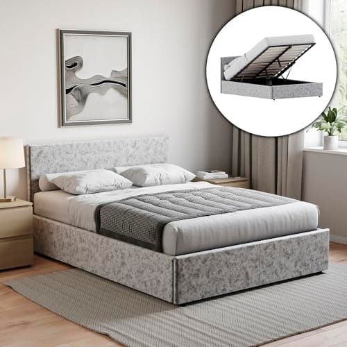 Image of Vida Designs Veronica Double Ottoman Bed, 4Ft6 Bed Frame Storage Lift Upholstered Fabric Headboard Bedroom Furniture, Silver Velvet (UKFR Certified)