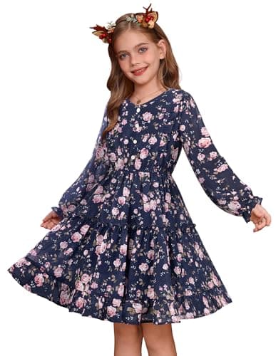 Image of GRACE KARIN Kids Flower Girl Dresses V Neck Long Sleeve Chiffon Midi Tiered Dress Navy Blue 10-11 Years