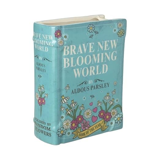 Image of Heaven Sends Ceramic Book Vase – Brave New Blooming World – Decorative Blue Book-Shaped Vase for Flowers & Home Décor – Unique Gift for Garden Lovers & Bookworms