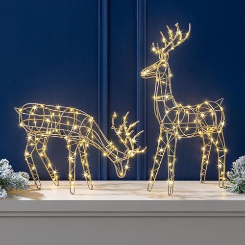 Image of Christow Light Up Reindeer Indoor Decorations (2 Piece Set), Small Champagne Gold Warm LED Deer Ornaments, Home Xmas Table Windowsill Mantelpiece Figurines, Battery Operated with Timer