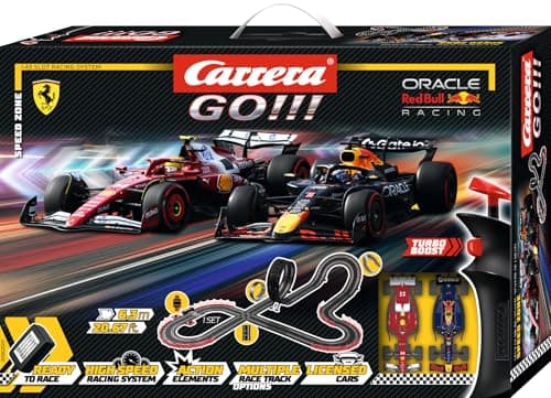Image of Carrera GO!!! 20062605UK Speed Zone Formula 1, 1:43 Scale I 6.3 Metres, With Oracle Red Bull Racing 21 M. Verstappen No.1 & Ferrari SF-25 L. Hamilton, Suitable from 6 Years+, UK Plug Version