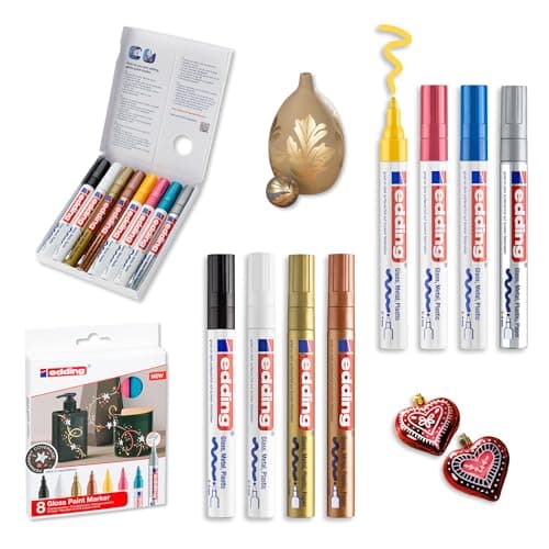 Image of edding 750 gloss paint marker - black yellow pink light blue white gold silver copper - 8 paint markers - round tip 2-4 mm - paint pen for glass pebbles wood plastic paper - waterproof, high coverage