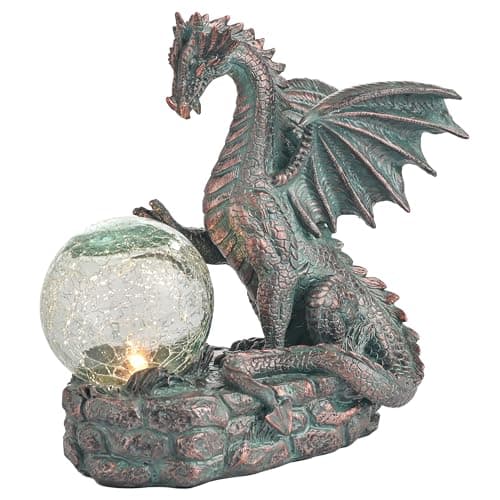 Image of TERESA'S COLLECTIONS Garden Ornaments Outdoor, Sitting Bronze Dragon Statues with Solar Crack Glass Ball, Waterproof Resin Dragon Ornaments, Indoor Outdoor 15CM