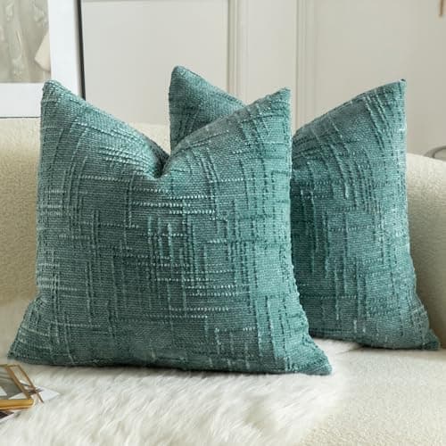 Image of Mandioo Pack of 2 Solid Decorative Soft Chenille Teal Cushion Covers 50x50cm 20x20 Inch Lumbar Accent Solid Throw Pillow Case Soft Cozy Luxury Pillow Covers for Sofa Couch Bedroom