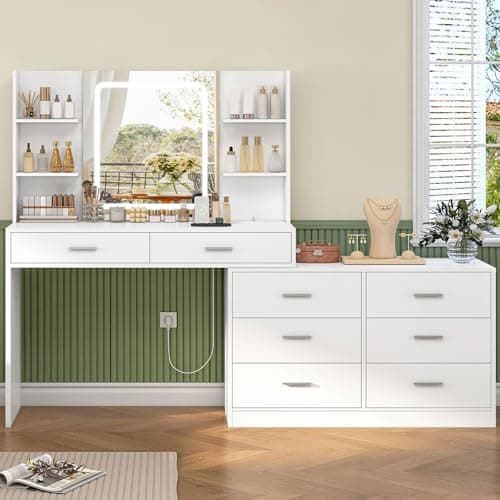 Image of TEENFON Dressing Table with LED Light Mirror & Power Outlet, Vanity Table Makeup Desk with 8 Drawers and 6 Storage Shelves, 3 Color Modes & Adjustable Brightness Vanity desk, L Shape Change, White