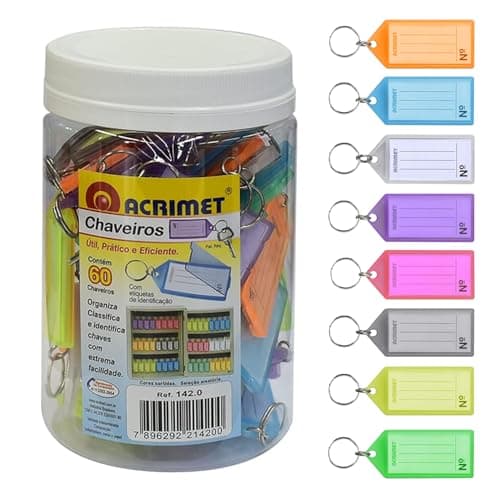 Image of Acrimet 60 Pack Plastic Key Tags Jar with Metal Ring and Paper Key Label (Assorted Colors)