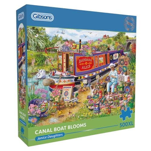 Image of Gibsons Canal Boat Blooms 500XL Jigsaw Puzzle for Adults – Extra Large Pieces – River Scene Artist's Artwork by Janice Daughters – Sustainable Paper Packaging, Premium Quality Puzzle - Great Gift