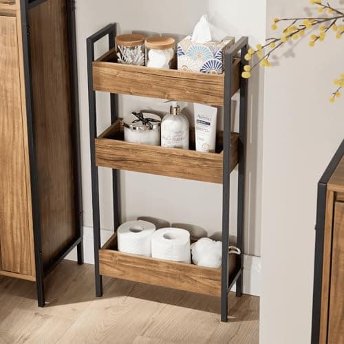 Image of Home Source 3 Shelf Bathroom Storage Unit – Slim Oak-Style Shelving with Black Metal Frame – Compact Bathroom Organiser for Towels, Toiletries & Essentials