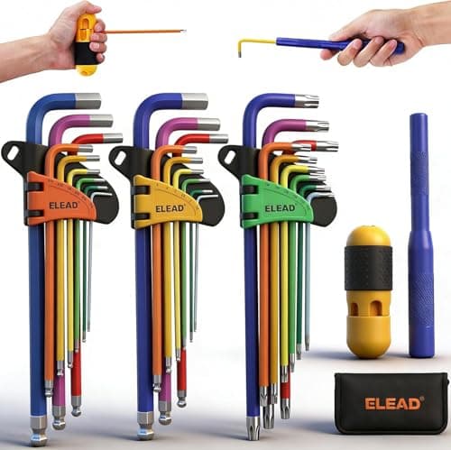 Image of ELEAD New Model Hex Key Allen Spanner Set: 29-Piece Rainbow Colored Torx Hex Key Set, Long Arm Ball End, Metric SAE Torx Star Allen Spanners Sets with T-Handle and Extension Bar