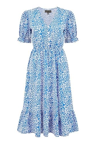 Image of Mela London Mela Blue Leopard Print Midi Dress with Puff Sleeves and Split Hem 10 Blue