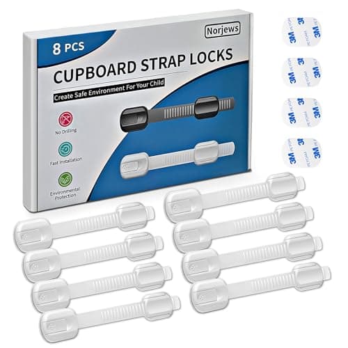 Image of Norjews 8 Pack Cabinet Locks Baby Proofing, Child Safety Cupboard Locks, Child Safety Straps for Cabinets Drawers Toilet Fridge, Adjustable with No Trapped Fingers Easy to Install - White