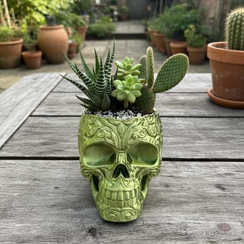Image of Venom Chrome Skull Planter – 3D Printed Decorative Head Pot for Succulents, Cacti & Small Houseplants – Handmade in Wales from Eco-Friendly PLA+ – Metallic Green and Blue Gothic Home Décor Gift