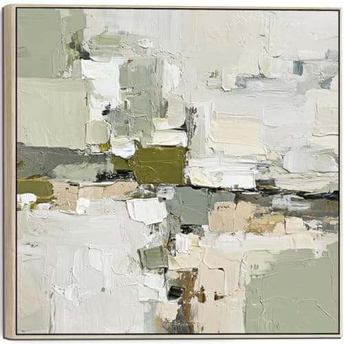 Image of Wallfillers Abstract Green White Painting - 1 - Framed Contemporary Canvas Art (100cm x 100cm)