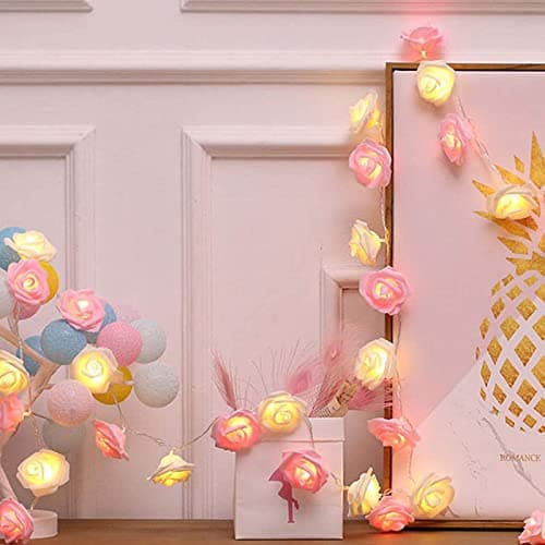 Image of TourKing Rose Flower String Lights 19.6 Ft 40 LED Artificial Rose Garland Fairy Lights USB Charged Rose Light for Wedding Anniversary Garden Party Decor Gift for Girls (Pink+White)