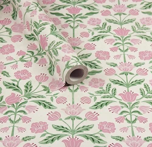 Image of Arthouse Modern Floral Damask Green/Pink Paste The Wall Washable Wallpaper - 10M X 0.5M - Green, Pink Floral Pattern, Premium Wall Paper Modern Interiors, Glue Adheisive/Paste The Panel/Wall