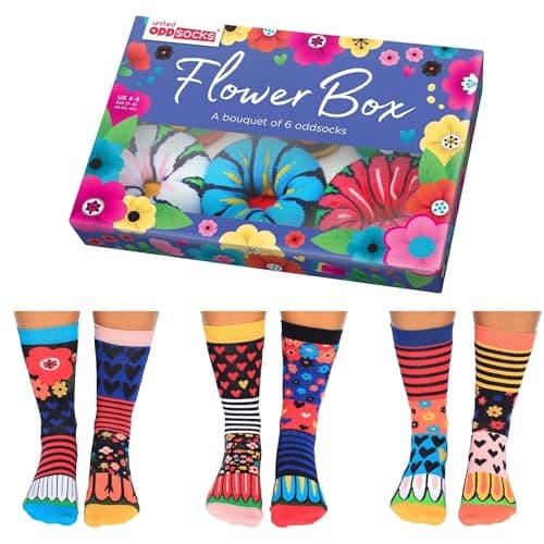 Image of United Oddsocks Flower Box Women’s Odd Socks Gift Box, 6 Colourful Mix & Match Floral-Inspired Socks in a Fun Gift Box, UK 4–8, EUR 37–42, US 6.5–10.5, Fun Novelty Socks for Women, Mother's Day Gift