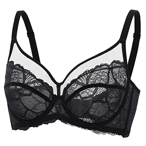 Image of DOBREVA Women's Lace Full Coverage Minimiser Bra Unlined Underwire See Through Plus Size Bra Black 34DD