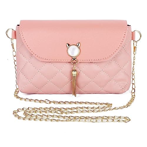 Image of Lollanda Women Crossbody Shoulder Bag, Handbags with Cute Cat Shape Tassels, PU Leather Chain Messenger Cross Body Bags, Rhombic Square Purse for Girls Ladies (Pink)
