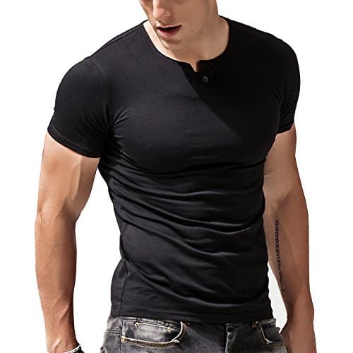 Image of Slimbt Mens Short Sleeve Cotton Muscle Slim Fitted Sport Henley T-Shirt with Button Black M
