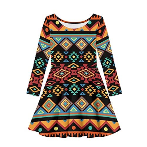 Image of Allcute Brown Geometric Print Long Sleeve T Shirt Dress for Big Girls 11-12 Cute Fancy School Holiday Party Dance A Line Twirly Skater Dress Winter Fall