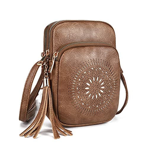 Image of GLITZALL Small Crossbody Phone Bag for Women Ladies Faux Leather Mobile Phone Purse with Tassel Hollow Out Shoulder Bag Lightweight Messenger Bag with Adjustable Strap