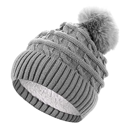 Image of Sibba Bobble Hat for Women Winter Beanie Hats Thermal Fleece Lined Hat Ladies Knitted Wooly Hats with Faux Fur Pom Pom (Grey)