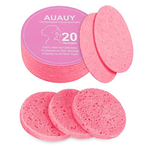 Image of AUAUY Compressed Facial Sponges, 20 Count Cellulose Facial Sponges for Daily Cleansing, 100% Natural Wood Pulp Cotton Face Washing Sponge for Facial Cleansing, Exfoliating Mask, Makeup Removal