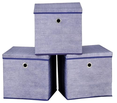 Image of A406 Foldable Storage Cube Boxes Set of 3 Fabric Storage Boxes with Lids, Space Saving Fabric Cube Storage Boxes for Clothes, Toys, Storage Organiser (Blue, 25x25x25cm)