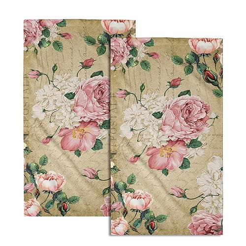 Image of Giwawa Vintage Rose Floral Hand Towels, 15x30 in Set of 2, Retro Pink Flower Leaves Stamp Hair Face Towel Soft Highly Absorbent Shabby Chic Beige Fingertip Towel for Bathroom Girl Woman Guest Gifts