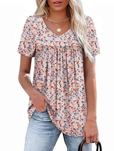 Image of Aokosor T Shirts for Women Summer Plus Size Clothing Short Sleeve Pleated Dressy Casual V Neck Loose Blouses Size 26-28 Pink Floral