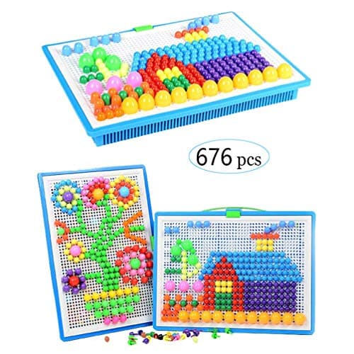 Image of Jsvacva 676 pcs Mushroom Nails Pegboard Educational Colourful Jigsaw Puzzle Building Bricks Creative DIY Mosaic Toys for Kids & Toddlers, Birthday Gift for Girls Boys Age 3-8 Years