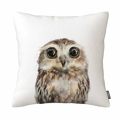 Image of Bird Art Cute Owl Wildlife Watercolor Cushion Cover Pillow Case Zippered Cotton Linen Pillowcase 18X18 Inches
