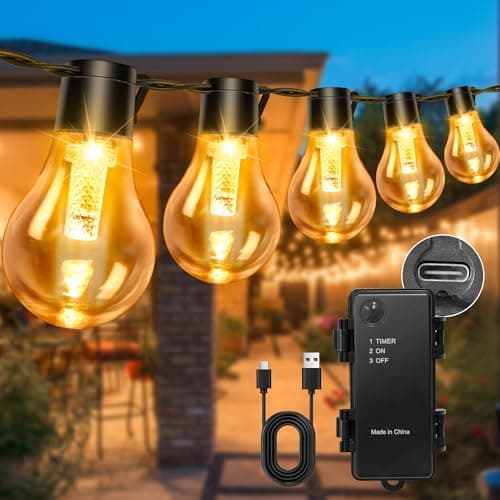 Image of aurogeek Outdoor String Lights Battery Operated Rechargeable 5000mAh: 9m/30ft LED with 12 A60 Plastic Bulb Hanging Festoon Light Remote Waterproof USB for Garden Decorative Cafe Patio Pergola Indoor